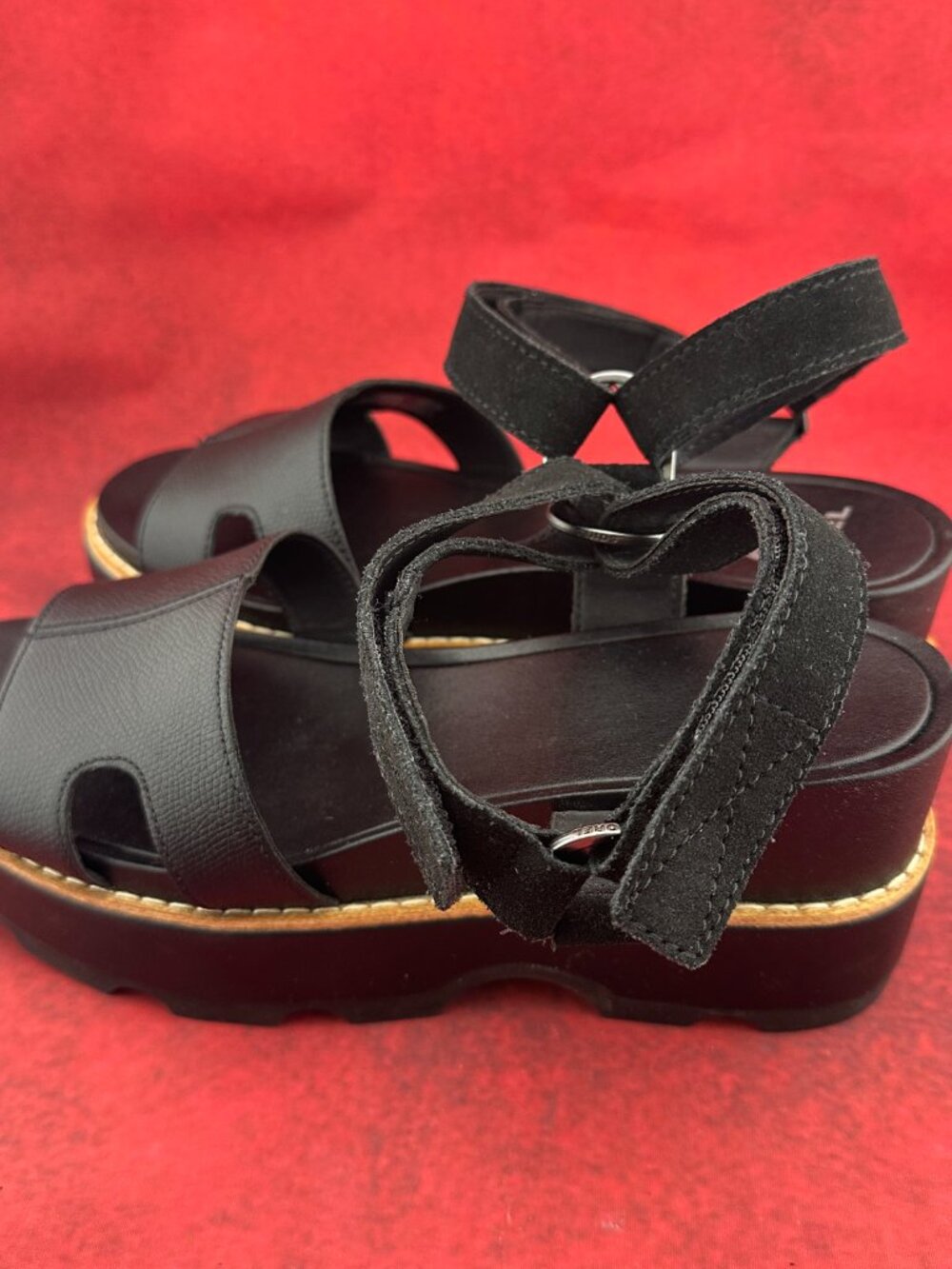 SOREL WOMEN'S BLACK LEATHER PLATFORM SANDALS HOOK & LOOP ANKLE STRAPS SIZE 9 - Picture 6 of 8